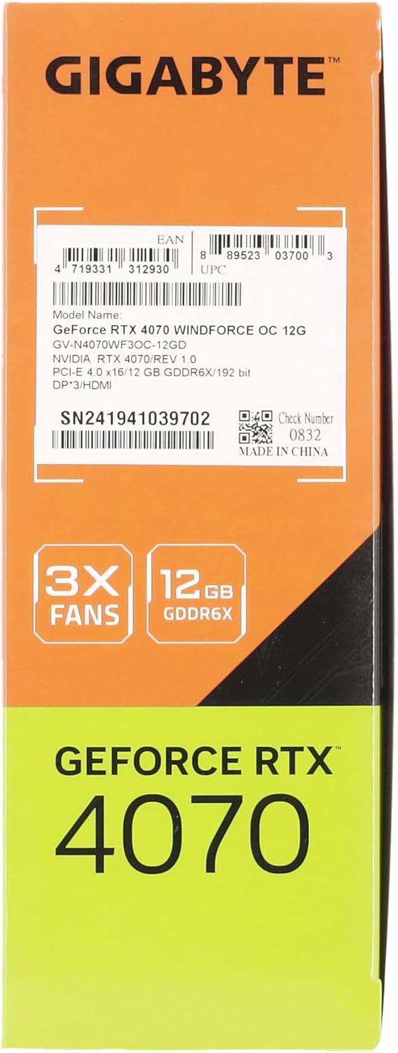 GIGABYTE GeForce RTX 4070 WINDFORCE OC 12GB Carte graphique - 12GB DDRX6 21Gbps, PCI-E 4.0, DisplayPort 1.4, HDMI 2.1a, NVIDIA DLSS 3, Ada Lovelace Arch, GV-N4070WF3OC-12GD