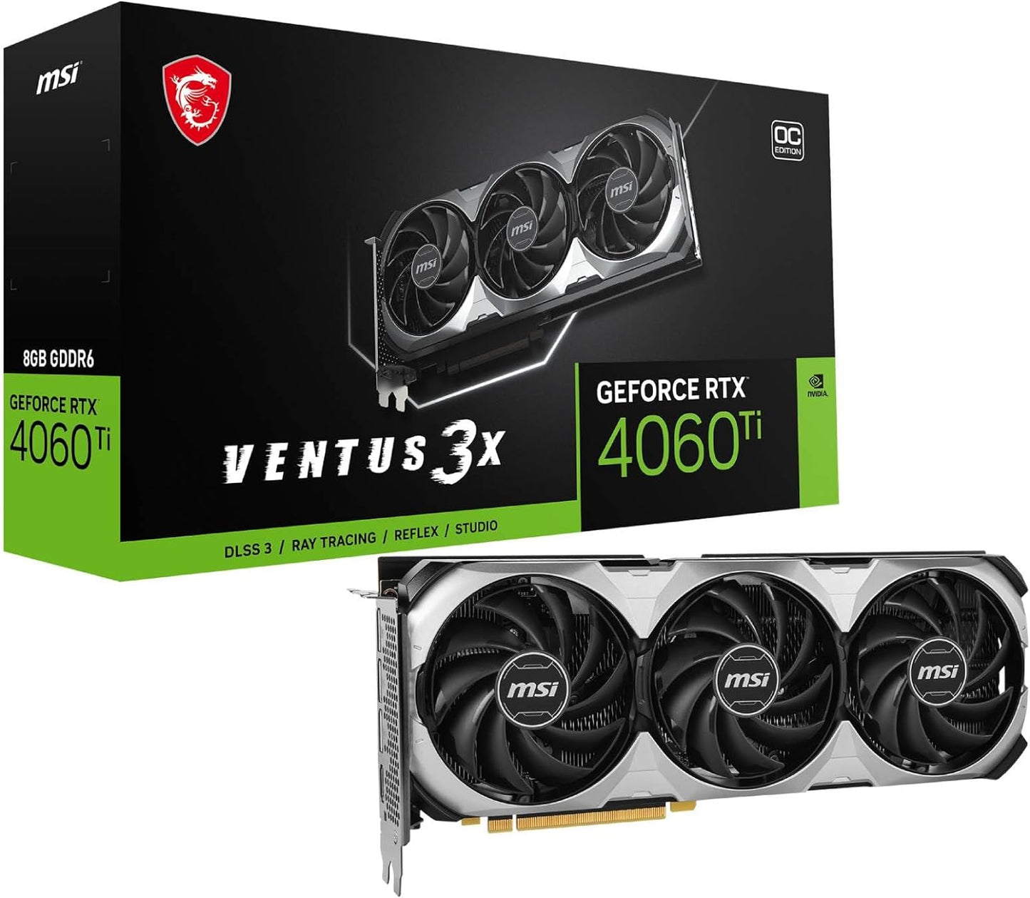 MSI GeForce RTX 4060 Ti Ventus 3X E 8G OC Carte Graphique - GPU NVIDIA GeForce RTX 4060 Ti, 8 Go GDDR6 128 Bits, 18 Gbit/s, Interface PCI Express 4, jusqu'à 2565 MHz, Ventilateurs TORX 4.0