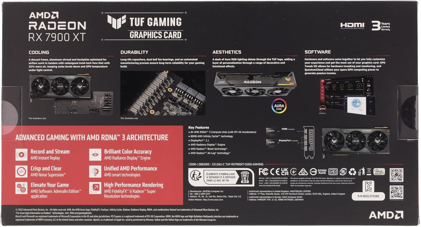 ASUS TUF Gaming AMD Radeon RX 7900 XT OC Edition Carte Graphique de Jeu (PCIe 4.0, mémoire GDDR6 de 20 Go, 1 HDMI 2.1, 3 Ports DisplayPort 2.1, GPU Tweak III, TUF-RX7900XT-O20G-GAMING)