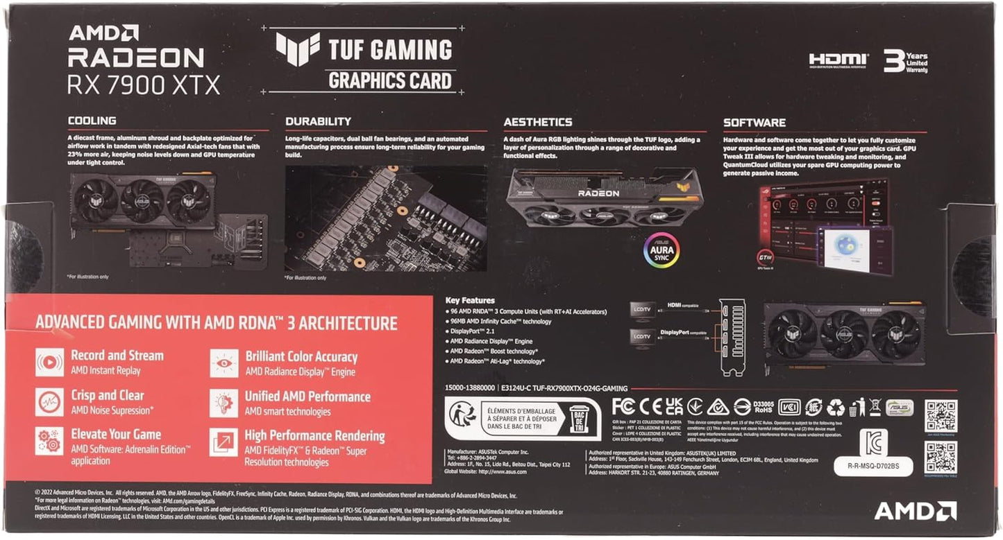 ASUS TUF GAMING Radeon RX 7900 XTX OC Edition – Carte graphique gaming (24GB GDDR6X, PCIe 4.0, HDMI 2.1a, DisplayPort 2.1, ventilateurs axiaux)