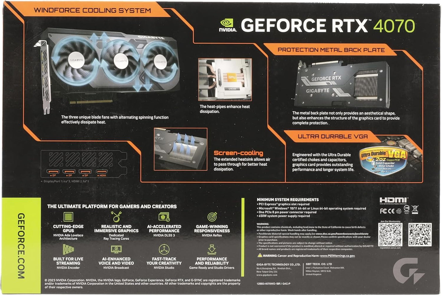 GIGABYTE GeForce RTX 4070 WINDFORCE OC 12GB Carte graphique - 12GB DDRX6 21Gbps, PCI-E 4.0, DisplayPort 1.4, HDMI 2.1a, NVIDIA DLSS 3, Ada Lovelace Arch, GV-N4070WF3OC-12GD